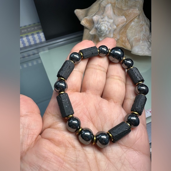 TERAHERTZ + BLACK TURMALINE + ONYX NATURAL STONES BRACELET size 8” - Picture 7 of 8